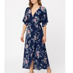 Sienna Sky Navy Floral Print V Neck Kimono Sleeve Maxi Dress Size S